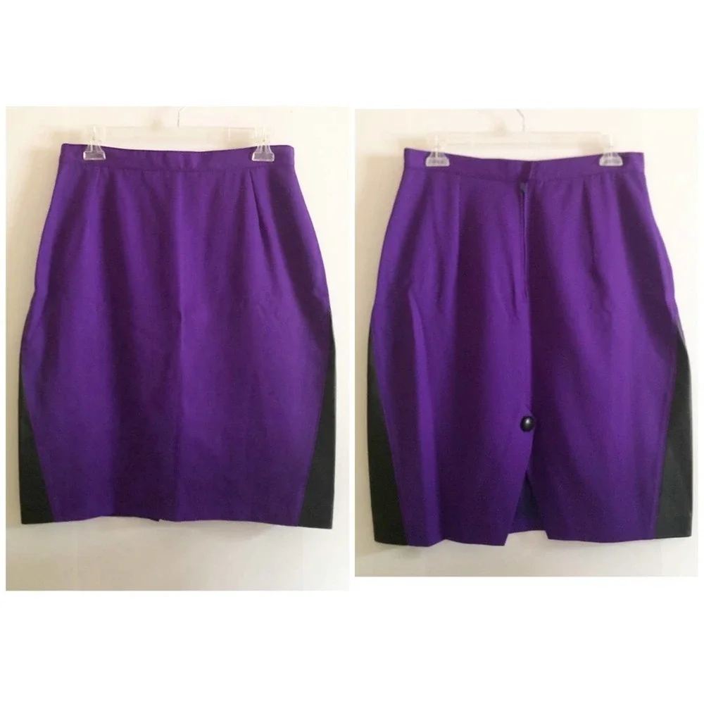 Vintage Tuxedo Style Purple Black Leather Midi Skirt 12
